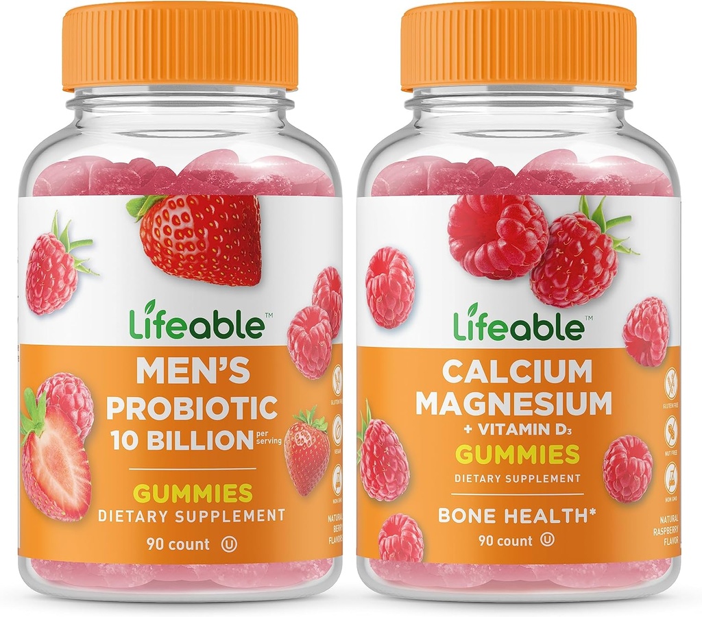 Probiótico de hombres vitales 10 billón + magnesio de calcio, paquete de gummies - Gran Tasting, Suplemento de vitamina, Gluten Gratis, GMO Gratis, Chewable Gummy