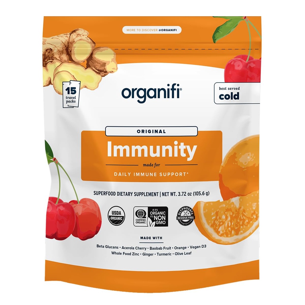 Organifi Immunity - Organic Superfood Immunity Support - 15 Single Serve Packets - Immunity Powder for T Cell Production and Upper Respiratory Health - Mushroom Beta Glucans, Vitamina C, D y Zinc