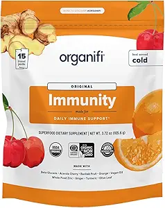 Organifi Immunity - Organic Superfood Immunity Support - 15 Single Serve Packets - Immunity Powder for T Cell Production and Upper Respiratory Health - Mushroom Beta Glucans, Vitamina C, D y Zinc