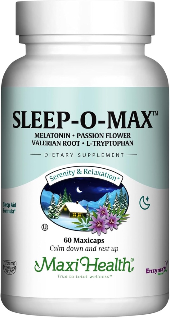 Maxi Health Adults Herbal Sleep-O-Max with Valerian Root, Melatonin, Tryptophan, Passionflower - Natural Sleep Supplement - Calm Sleep Support Formula
