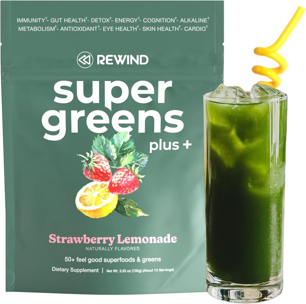 Super Greens Powder con 50+ Superfoods – Daily Green Juice for The Whole Family – Delicious Green Powder Drink Mix – Strawberry Lemonade Flavor - 10 Servings
