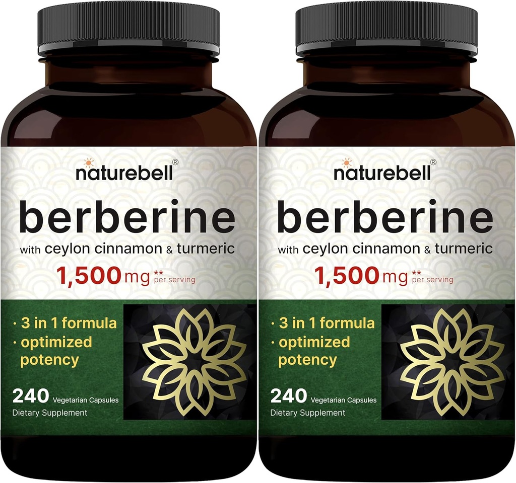 Suplemento de bereberina 1,500 mg con canela de Ceillón " Turmeric Root, 480 cápsulas de verduras (2 Pack) Silencio 97% Pure Berberine HCL ← Soporta Niveles de azúcar equilibrados " Heart Health " Vegan, Non-GMO