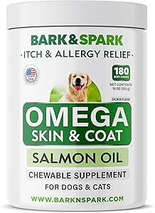 BARK&SPARK Omega 3 for Dogs - 180 Fish Oil Treats for Dog Shedding, Skin Allergy, Itch Relief, Hot Spots Treatment - Joint Health - Skin and Coat Supplement - EPA & DHA Fatty Acids - Salmon Oil