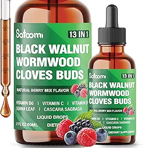 Satoomi 13in1 Black Walnut Liquid Drops with Wormwood, Cloves, Vitamina B6, Vitamina C, Vitamina D, Senna, Cascara Sagrada y 5 Más - 2 Fl Oz durante 60 días - Berry Mix Flavor