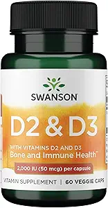 Complejo de vitamina D Swanson con vitaminas D2 &amp; D3 - Complejo completo de vitaminas Sunshine para la salud ósea, dental e inmunitaria - Suplemento de vitaminas (50 mcg, 60 cápsulas vegetales)