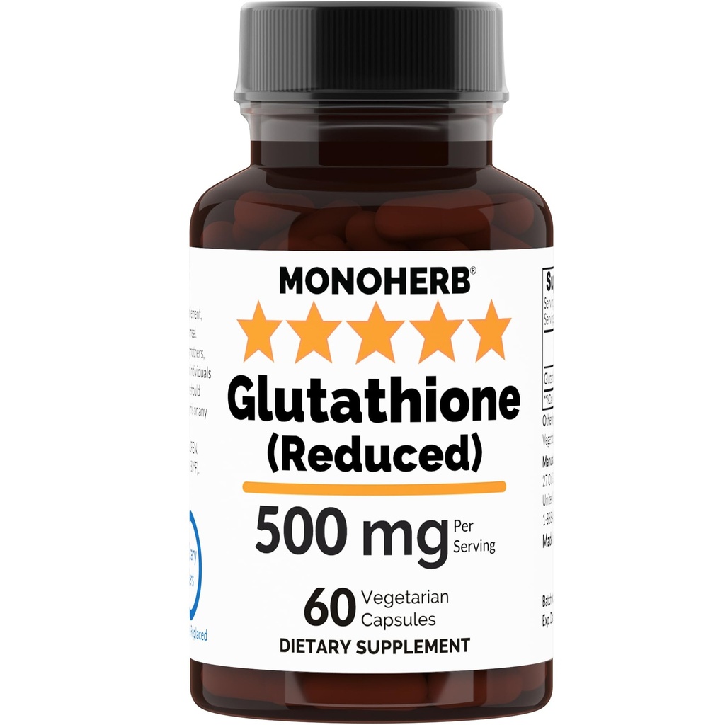 MONOHERB Reduced Glutathione 500 mg - 60 Veg Capsules | 250 mg per Capsule - Serving Size 2 Capsules: 500 mg - 30 Servings