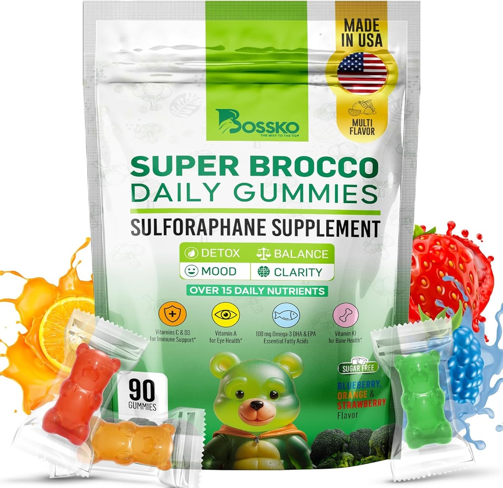 Bossko Sulforaphane Gummies with Omega-3 – Broccoli Sprout Extract, EPA/DHA " Antioxidantes – Cellular Health " Mood Support – 90 Gummies Vegan – Mixed Berry Flavors – Sugar-Free