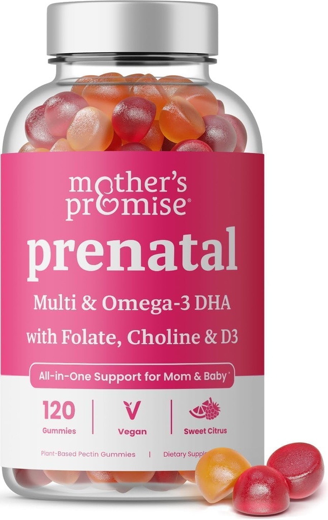 Vitamina prenatal Gummies con DHA ← Vitaminas Prenatales Veganas para Mujeres con Omega 3, Methylfolate, Choline &amp; D3, Vitaminas de Embarazo para el Desarrollo Fetal.