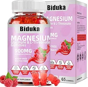 Complejo de magnesio de 900 mg 65 Raspberry Gummies, Magnesio libre de azúcar Glycinate & L-Threonate suplemento de potasio con vitamina D, B6, CoQ10 para la relajación