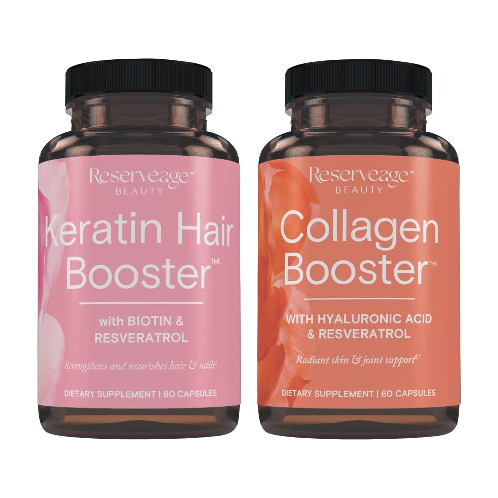 Reservage Ultra Collagen Booster " Keratin Hair Booster - Características Dermaval, Biotin " Resveratrol - Soporte Peluquería " - 60 cápsulas Ultra Collagen, 60 cápsulas de queratina