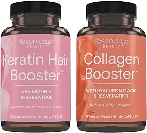 Reservage Ultra Collagen Booster " Keratin Hair Booster - Características Dermaval, Biotin " Resveratrol - Soporte Peluquería " - 60 cápsulas Ultra Collagen, 60 cápsulas de queratina