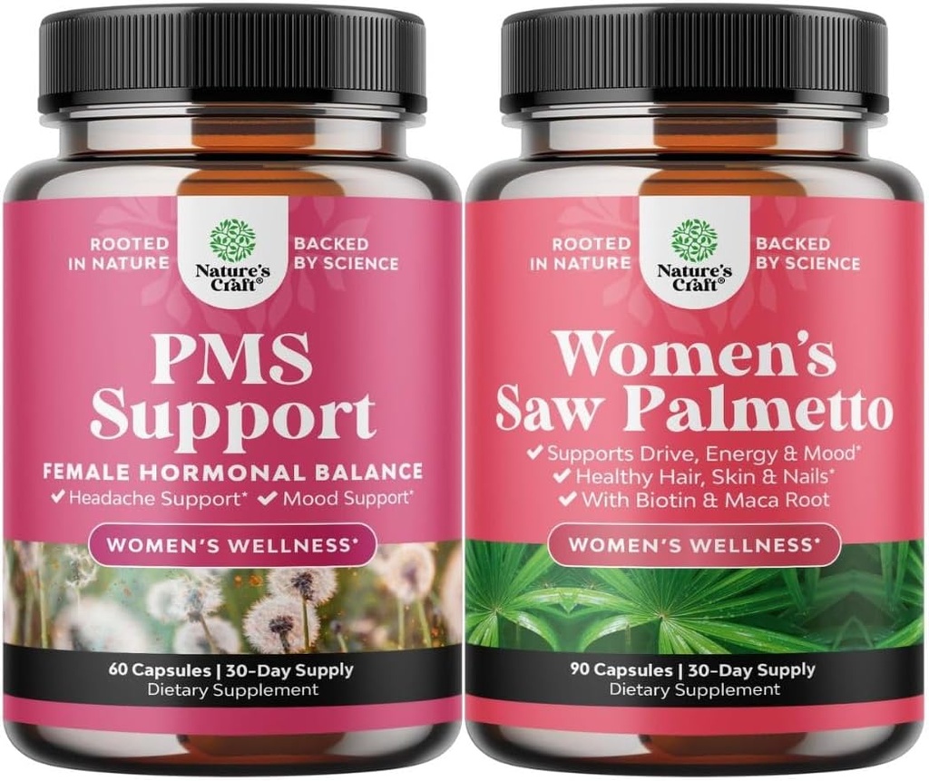 Bundle of PMS Support and Saw Palmetto for Women - Hormone Balance with DIM, Chasteberry, Black Cohosh " Ashwagandha for Period Cramps and Saw Palmetto Extract with Maca Root " Biotin for Hair Loss