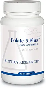 Biotics Research Folate 5 Plus High Potency Folate with B12, Methyl Support, 5 Milligram Natural and Whole Food Form of Folate, 18mcg B12, Pregnancy Nutrition, Energy Support, Healthy Skin, 120 tabs