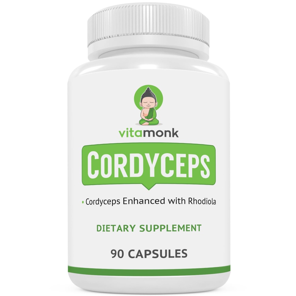 VitaMonk Cordyceps Mushroom Capsules with Rhodiola, 2 Grams of Cordyceps Mushroom mejorado con Rhodiola - Boost Energy, Fight Stress, Enhance Performance, Non-GMO - 2000mg - 90 Caps