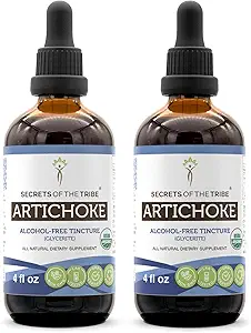 Secretos de la Tribe Artichoke USDA Orgánica ← Extracto sin alcohol, gotas herbales de alta potencia  Fabricado de 100% Certified Organic Artichoke (Cynara scolymus) Leaf seco 2x4 oz