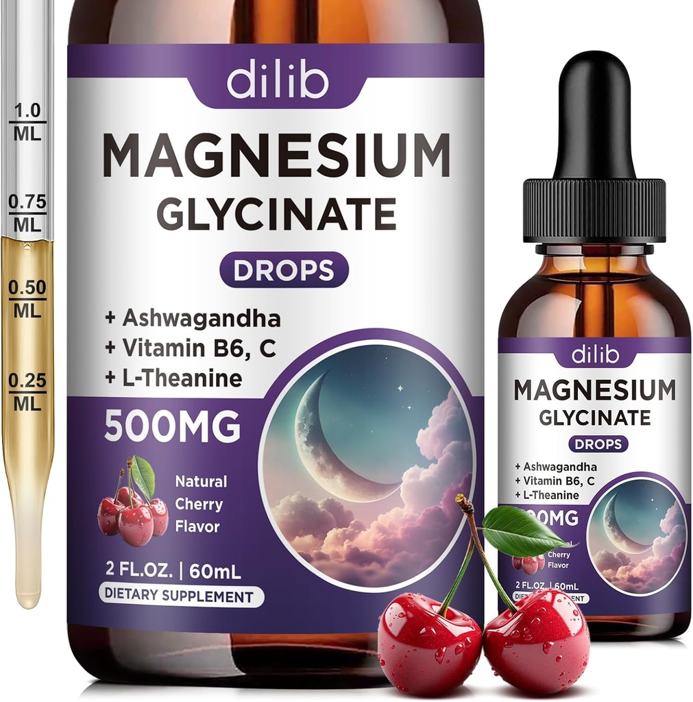 Magnesio Glycinate Liquid Drops 500mg, con vitamina B6, Ashwagandha, L - Theanine, Chamomile, Magnesium Glycinate Suplemento Alta Absorción para el sueño, estrés, energía, Mood - Cherry Flavor