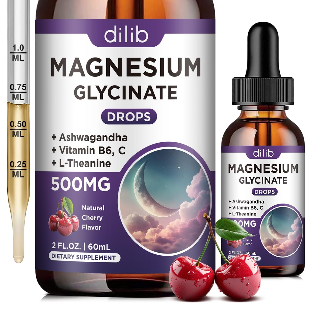 Magnesium Glycinate Liquid Drops 500mg, with Vitamin B6, Ashwagandha, L - Theanine, Chamomile, Magnesium Glycinate Supplement High Absorption for Sleep, Stress, Energy, Mood - Cherry Flavor