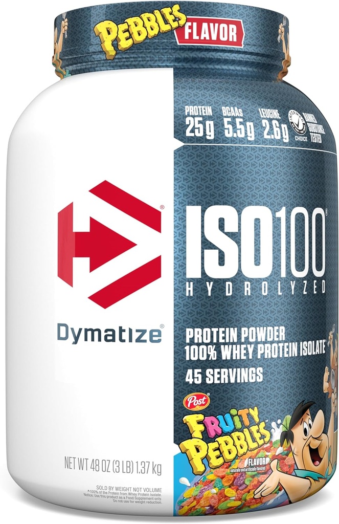 Dymatize x Fruity Pebbles ISO100 Whey Protein Powder Isolate, 25g de Protein, 5.5g BCAAs, 120 Cal., Gluten Free, 1g Fat, 1g Sugar, 2g Carb (45 Servings)