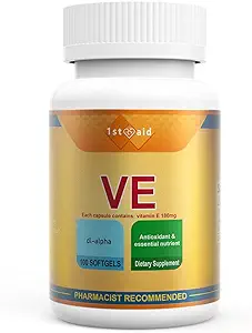 1st Aid Vitamin-E 180-mg DL-Alpha Tocotrienols-Capsules - 100Softgels Heart and Immune Support Dietary Softgels for Women Antioxidant Support
