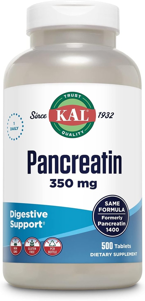 KAL Pancreatin 350mg, Digestive Enzymes for Women and Men, Pancreatic Enzymes for Digestive Health Support, Gluten Free, Non-GMO, Rapid Disintegration, 60-Day Guarantee, 500 Servings, 500 Tablets
