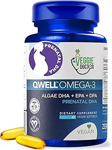Vegan Prenatal Vitamins with DHA (60 Count) Omega-3 - Qwell Better Than Fish Oil, Brain Function - 820 Mg Algae DHA & EPA, Vegan Prenatal Vitamins with Vitamin E, Carrageenan-Free