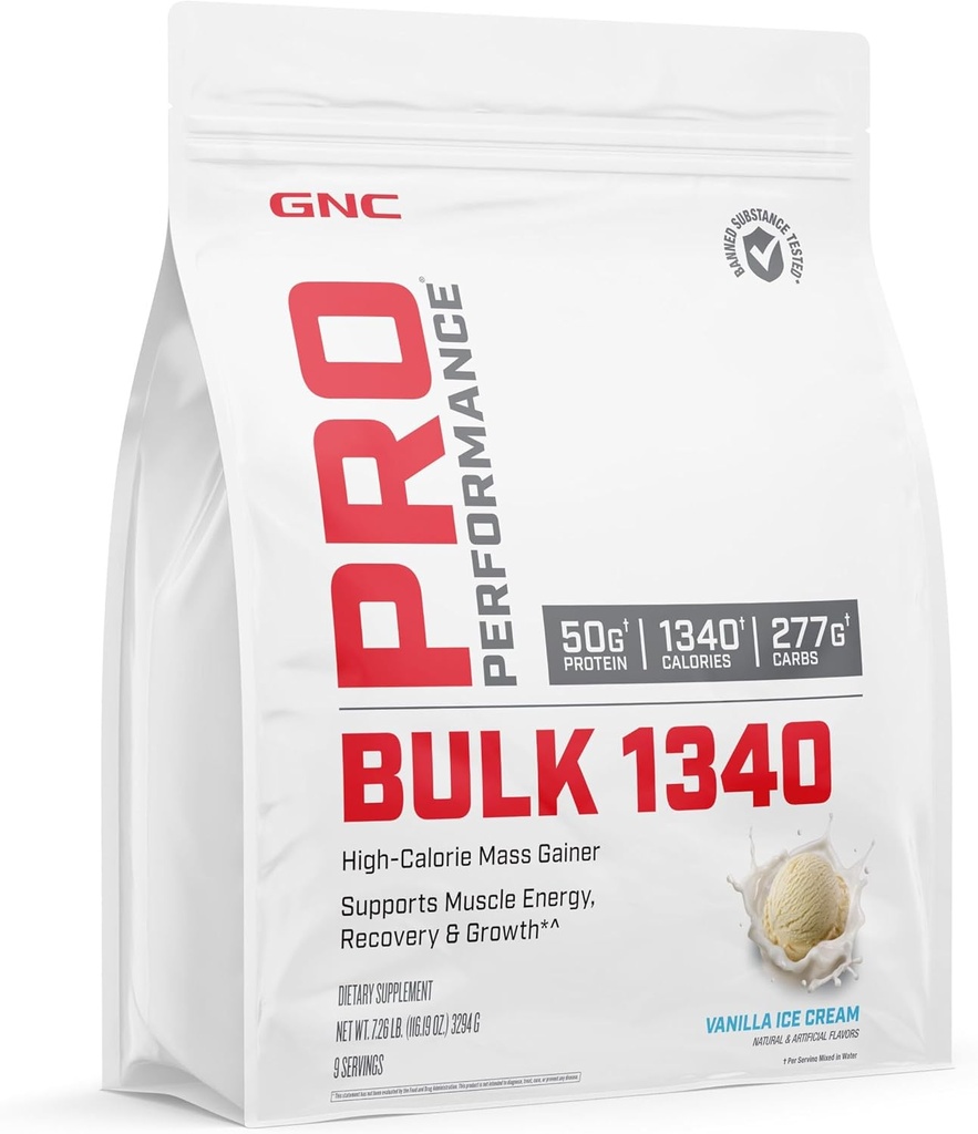 GNC Pro Performance Bulk 1340 Mass Gainer Protein Powder, 50g, Gluten Free, Whey, Creatine, BCAA, 3rd Party Tested, Muscle Recovery &amp; Growth, Micronutrientes, Vanilla Ice Cream, 9 Servings