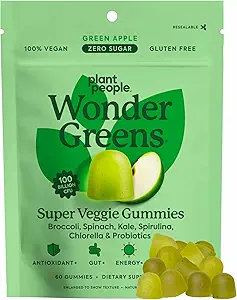 Plant People WonderGreens Veggie Gummies Super Greens with Probiotics Multivitamin Support Gummy for Wellbeing, Energy, Immune and Gut Health, Green Apple Flavor (60 Count)