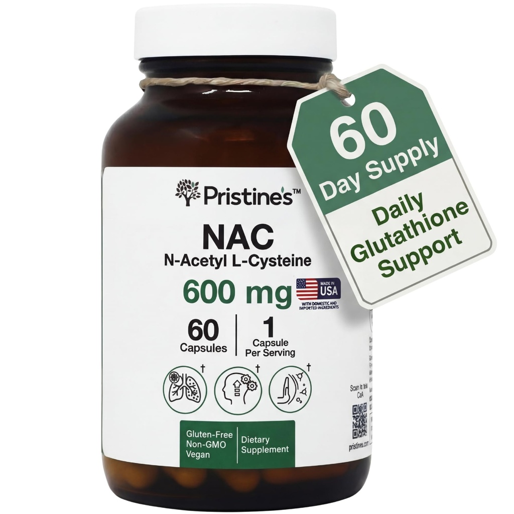 PriSTINE'S N-Acetyl L-Cysteine (NAC) Inmunity, Lung, " Liver Support Supplement Capsules - 600MG 60 Day Supply - Potent Antioxidant - Vegan, Gluten Free, Non GMO