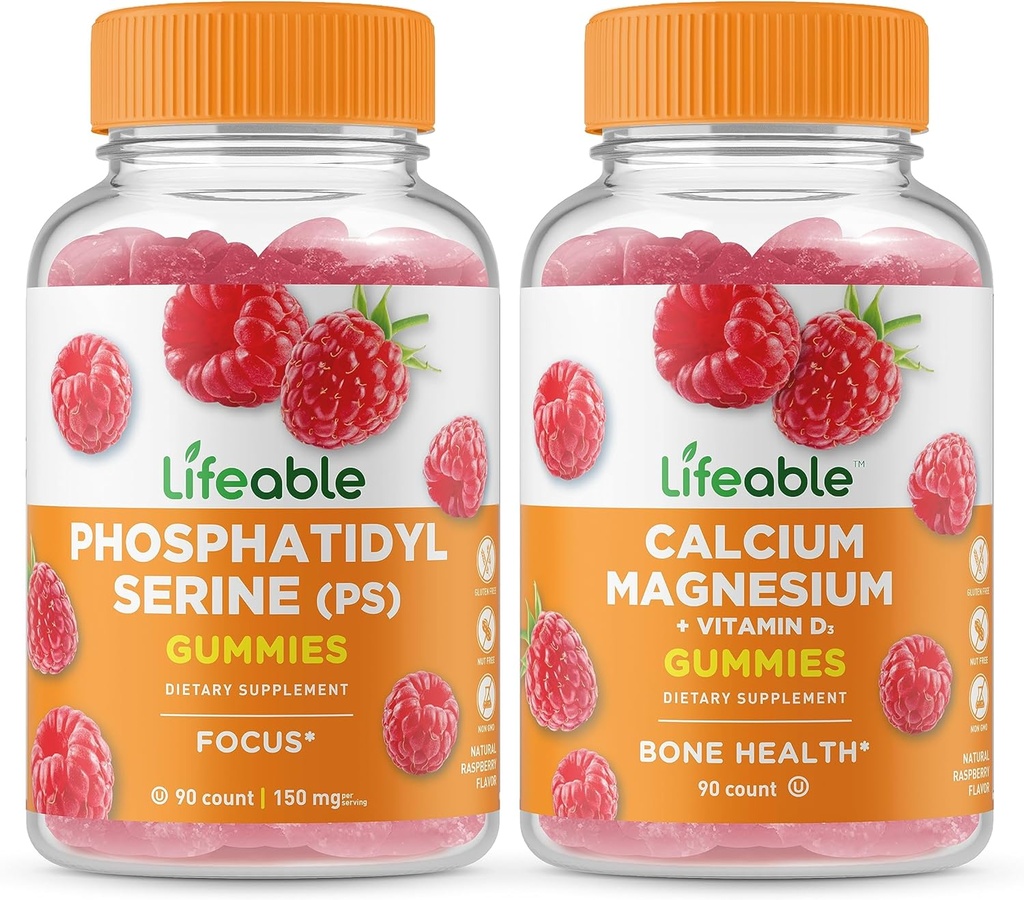 Phosphatidylserine (PS) + Magnesio de calcio, Bundle de Gummies - Gran Tasting, Suplemento de vitamina, Gluten Gratis, GMO Gratis, Gummy Chewable