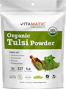 Vitamatic Certified USDA Organic Tulsi (Holy Basil) Powder – 1 Pound (16 Ounces) – Adaptogenic Herb for Stress, Immunity & Overall Wellness