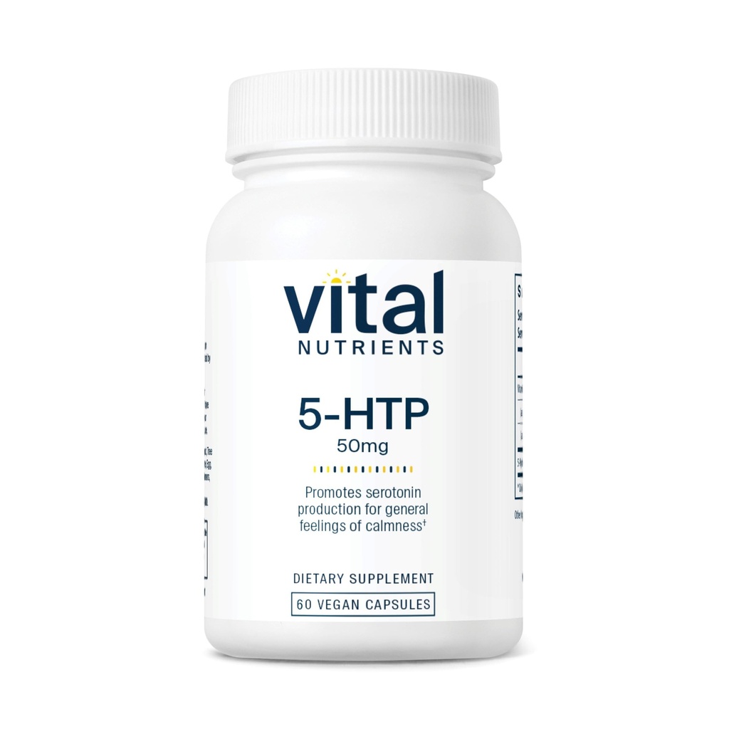 Vital Nutrients 5-HTP 50mg (5-hidroxitryptophan) Silencio Vegan Serotonin Support Suplemento* ← Sleep and Stress Support ← 5HTP and Vitamin B6 Silencio Gluten, Dairy, Soy Free ← Non-GMO Silencio 60 Capsules