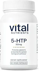 Vital Nutrients 5-HTP 50mg (5-hidroxitryptophan) Silencio Vegan Serotonin Support Suplemento* ← Sleep and Stress Support ← 5HTP and Vitamin B6 Silencio Gluten, Dairy, Soy Free ← Non-GMO Silencio 60 Capsules
