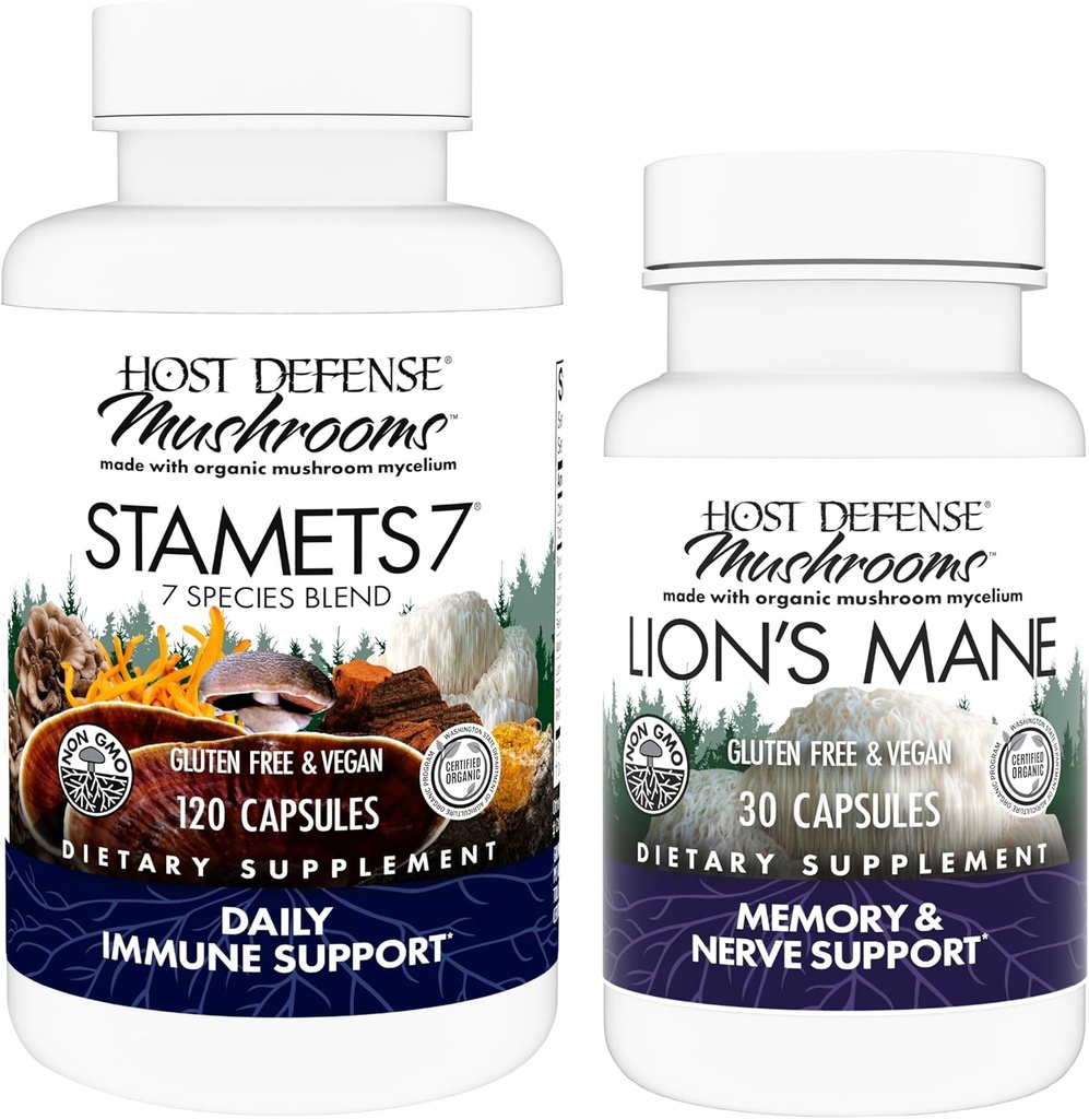 Host Defense Bundle con Stamets 7, 120 Conde & Lion's Mane Capsules, 30 Conde - Apoyo a la Salud Inmunitaria & Función - Apoyo a la Salud Cerebral, Memoria & Focus*