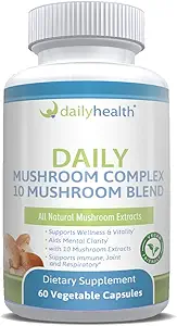 Salud diaria 10 Mushroom Blend Complex 60 capsules Cordyceps, Reishi, Shiitake, Lions Mane, Maitake, Turquía Tail, Chaga, Agaricus, White Button, Black Fungus, Vegan Friendly (1 Month Supply)