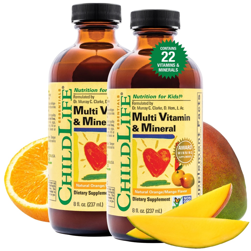 NILDLIFE ESSENTIALS Kids Multivitamin & Mineral - Vitaminas para niños, Multivitamina líquido para niños, multivitaminas de Toddler, vitaminas líquidas, multivitamina de bebé - mango natural de naranja, 8 Fl Oz (Pack of 2)
