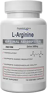 Superior Labs L-Arginine 3000mg, Pure Non-GMO, High-Potency Amino Acid, Nitric Oxide & Vasodilation Booster for Blood Flow, Supports Energy and Endurance, Muscle Pump & Heart Health, 150 Veg Caps