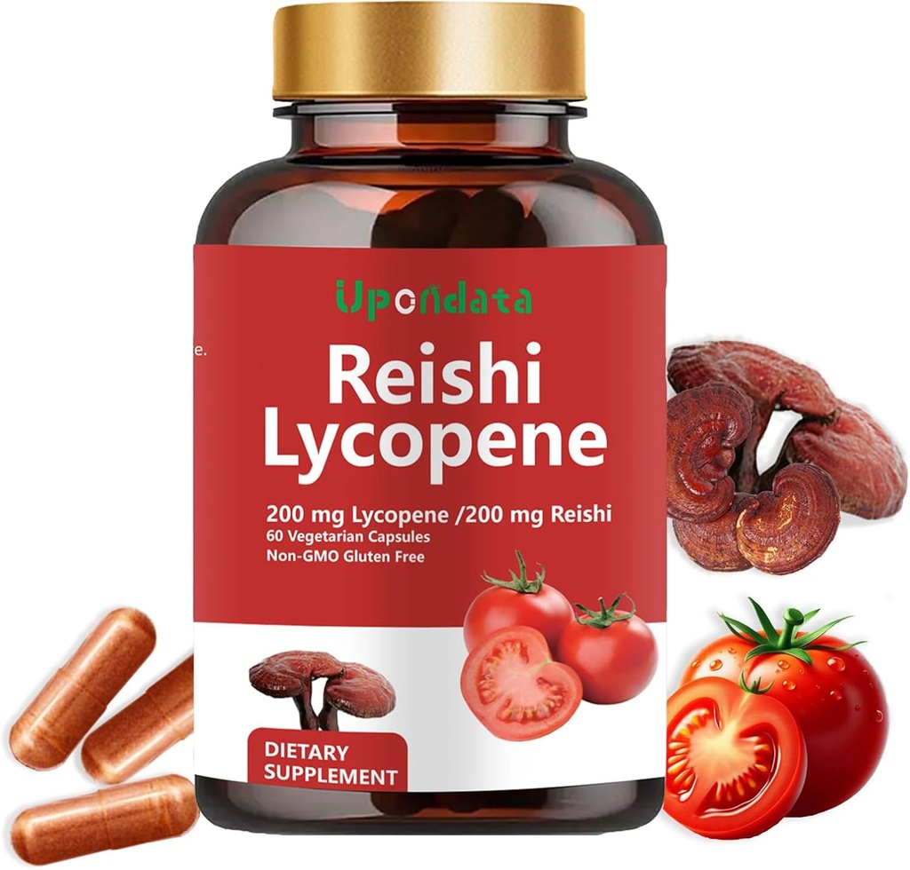 Licopene Capsules - Lycopene Suplemento 200mg con Reishi Mushroom 200mg, Natural Tomato Extracto Capsules de hongos para soporte de inmuno - Gluten-Free, Non-GMO