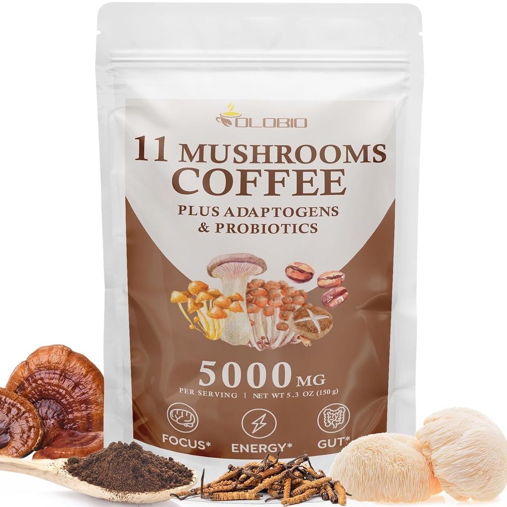 Café de setas, 11 setas orgánicas más Adaptógenos &amp; Probióticos, con Mane de león, Chaga, Reishi, Complejo Cordyceps, Café instantáneo para Focus, Energía, Gut, Digestión, Inmunidad - 5.3oz