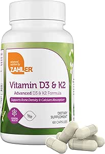 Zahler Vitamina D3 5000 UI K2 - Vitamina Avanzada D3 K2 Fórmula - Densidad ósea " Absorción de calcio - Kosher Vegetarian MK7 Vitamina K2 D3 Suplemento Vitamina - VIT D3 K2, Vitamina D K2 (60 cápsulas)