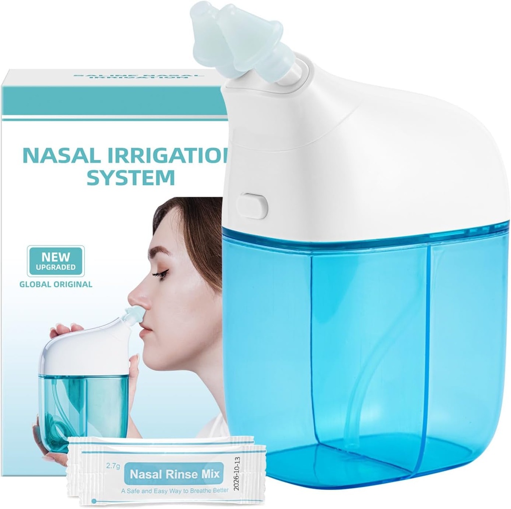Sistema de riego nasal con 30 paquetes de Saline, máquina de enjuague sinusal, máquina limpiadora sinusitis con tanque de agua " tanque de recogida de residuos - azul