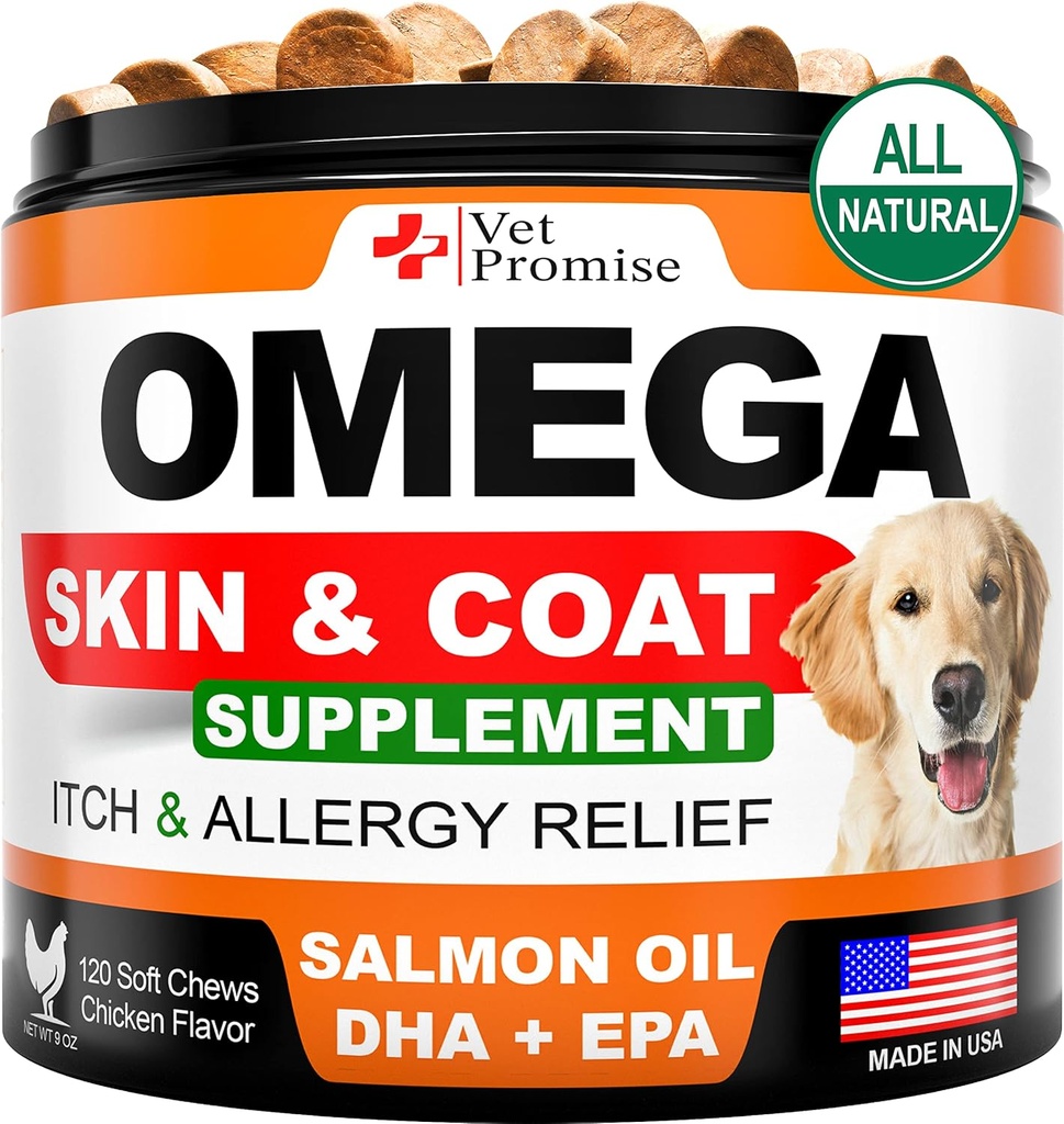 Omega 3 for Dogs - Skin and Coat Supplement - Fish Oil for Dogs Chews - Allergy and Itch Relief - Anti Shedding Supplement - Dry Skin Treatment - Salmon Oil - Made in USA - 120 Soft Treats