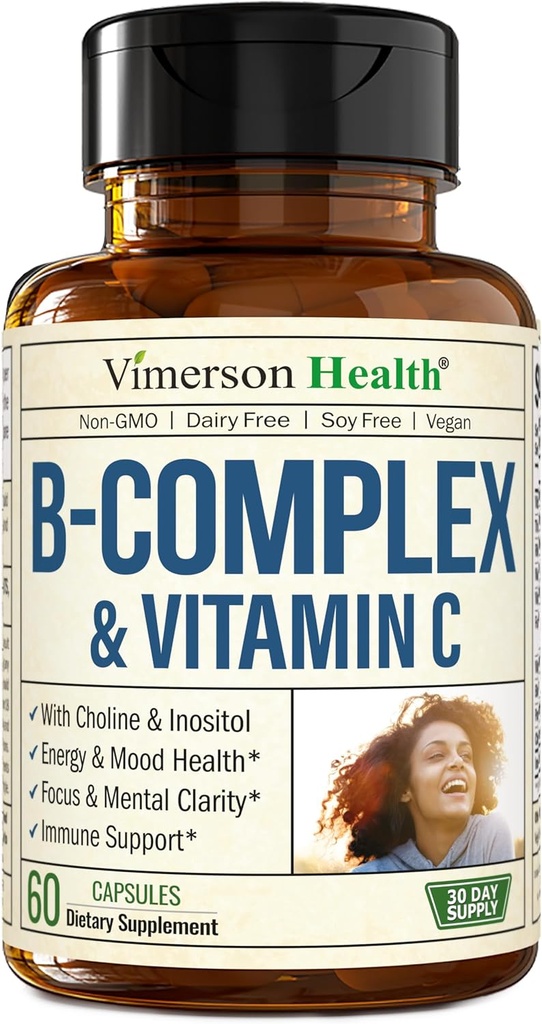 Vitamin B Complex with VIT C & Folic Acid (Folate) - 8 High Potency B Vitamins: B1, B2, B3, B5, B6, B7, Vitamin B12 + Biotin, Choline & Inositol. Aids Mood, Energy, Nervous System & Immune Support