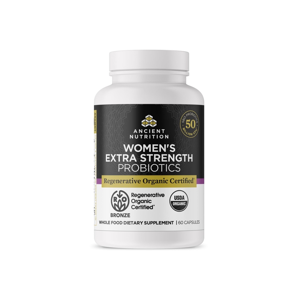 Probióticos certificados orgánicos antiguos de nutrición para mujeres, Probióticos Extra fuerza femenina, Digestión saludable y funcionamiento del sistema inmunológico, 25 millones de UF* por servicio, 60 cuenta