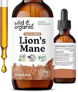 Wild & Organic Lions Mane Liquid Drops - Focus &amp; Brain Support - Lions Mane Supplement - Hericium Erinaceus Mushroom Extract Tincture - Vegan, Alcohol &amp; Sugar-Free - 2 fl oz