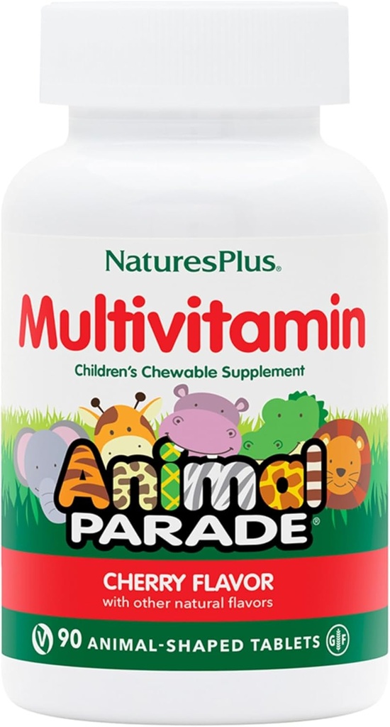 Natures Plus Animal Parade Multivitamin Children's Chewables - Cherry Flavor - 90 Animal-Shaped Tablets - Promueve Salud &amp; Bienestar - Vegetariano, Gluten Gratis - 45 Servings