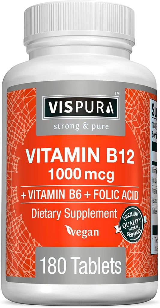VISPURA Vitamina B12 1000 mcg Methylcobalamin + B6/Acid Alimentario, 180 Tabletas Vegan, Mejor Suplemento para Aumentar Energía, Mejorar el Mood, Sharpen Focus*, Suplemento Orgánico