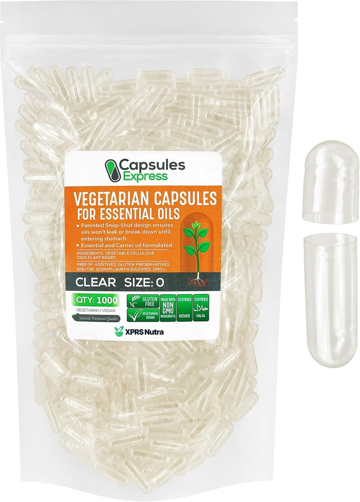 XPRS Nutra Tamaño 0 Empty Vegan Capsules - 1000 Conde de verduras claras para aceites esenciales - Empty Vegetable Caps - DIY Filling Trabaja con la mayoría de aceite