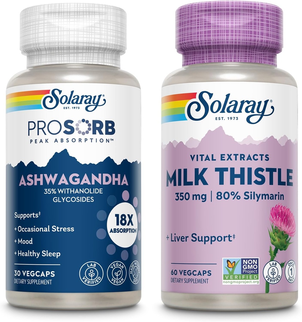 SOLARAY Ashwagandha y Milk Thistle Supplement Bundle, 18X Absorption Ashwagandha Capsules for Mood Support Plus Milk Thistle Extract, Vegan, 60-Day Guarantee, 30ct/60ct