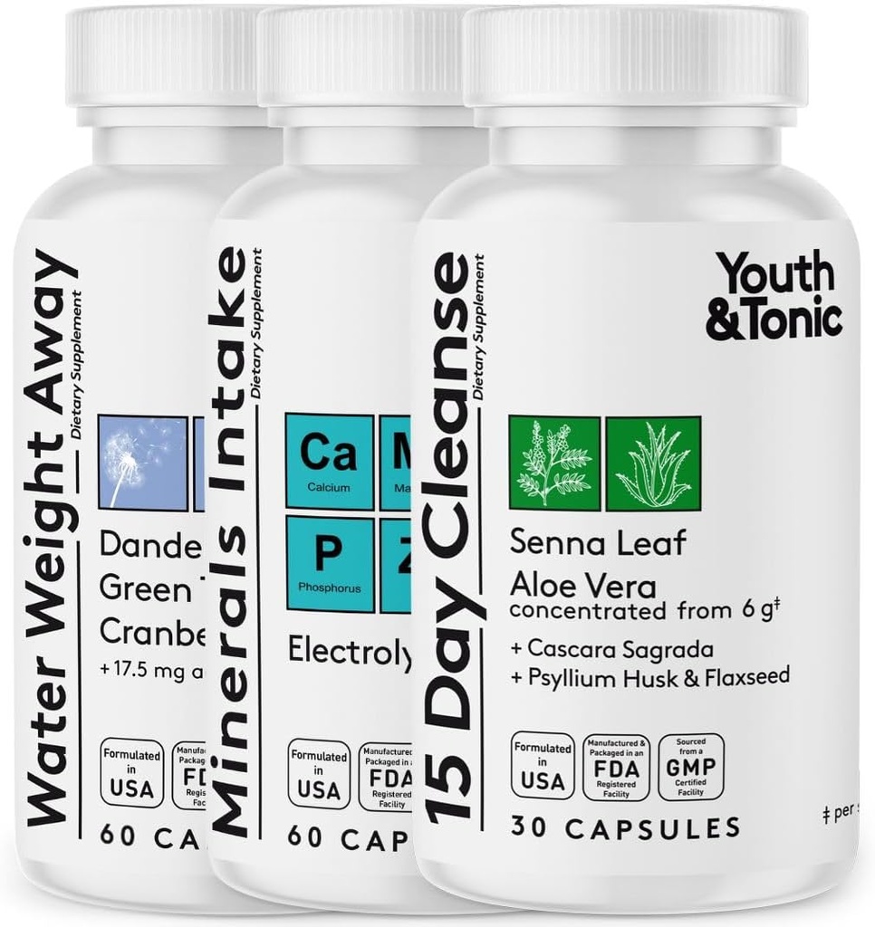 Jóvenes &amp; Tonic Water Weight Away y 15 Day Cleanse Bundle, Empaquetado con electrolitos de reposición para apoyar la hidratación mientras utiliza los díuréticos