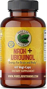 Vitaminas de laboratorio puro NADH 10 mg con Ubiquinol 40 mg - 60 Vegi Caps Bioactive VIT B3 y CoQ10 para energía cerebral y corporal. Made in Canada